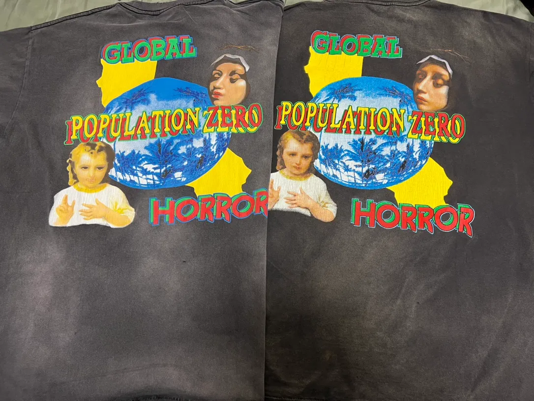 Printing and proofing SAINT MICHAEL SS TEE/ON EARTH/BLK Jesus, Mary and Infant Earth TEE Ready-made garments Aso special parts dyeing Washing and distressing Vintage craftsmanship Super complex and large-scale printing on the front and back Top purchasing technology